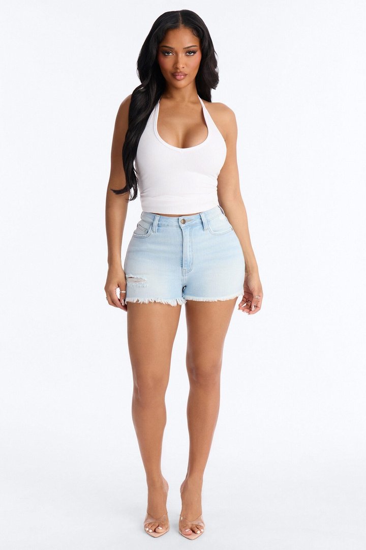 Up To You Stretch Cut Off Denim Shorts - Light Blue Wash
