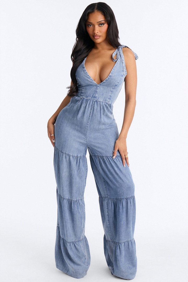 Keep Up Chambray Tiered Jumpsuit - Medium Wash