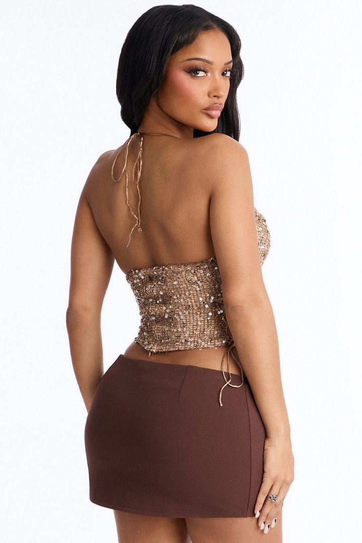 All The Glitters Lace Up Sequin Halter Top - Taupe