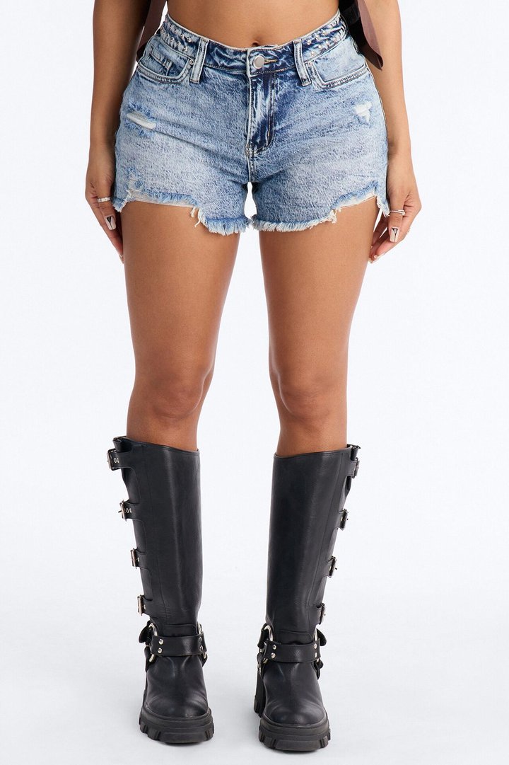 Iconic Embellished Cut Off Denim Shorts - Medium Wash
