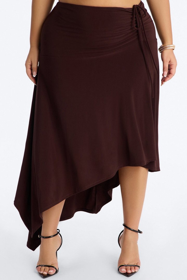 Leila Ruched Asymmetrical Midi Skirt - Chocolate