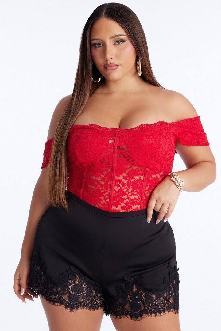 Maria Sheer Lace Short Sleeve Bodysuit - Red
