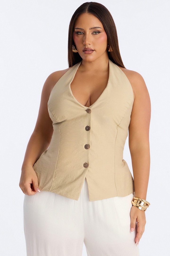 Slow Moments Matter Button Up Linen Halter Top - Beige