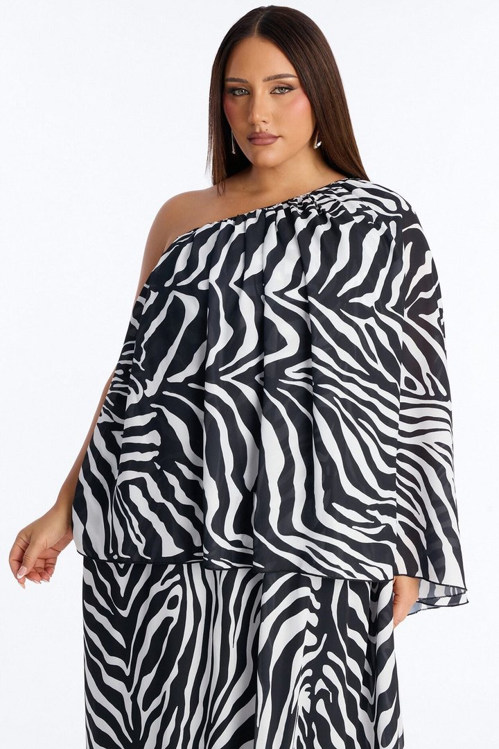 Corine One Shoulder Chiffon Maxi Dress - Black/White