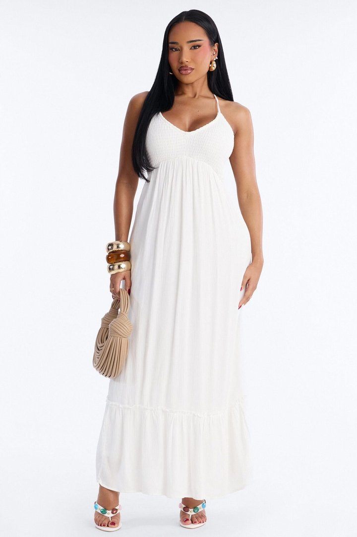 Raina Smocked Linen Maxi Dress - White
