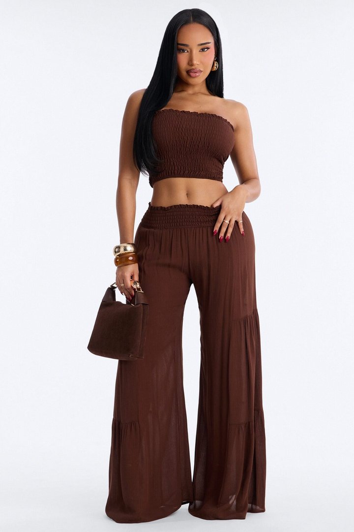 Sadie Smocked Strapless Pant Set - Chocolate