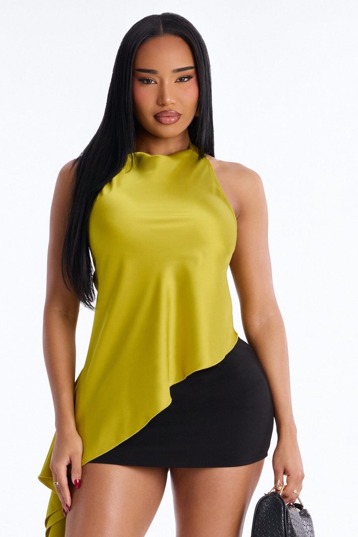 This Is The Look Asymmetrical Ruffle Satin Halter Top - Chartreuse