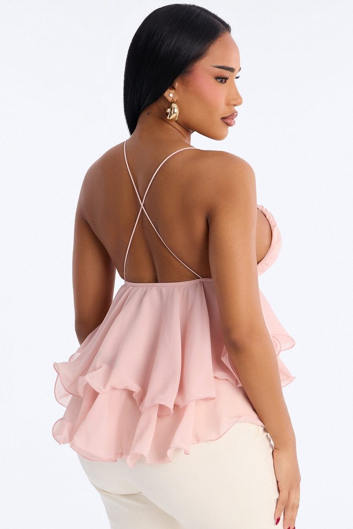 Cute Life Ruffle Chiffon Babydoll Top - Pink