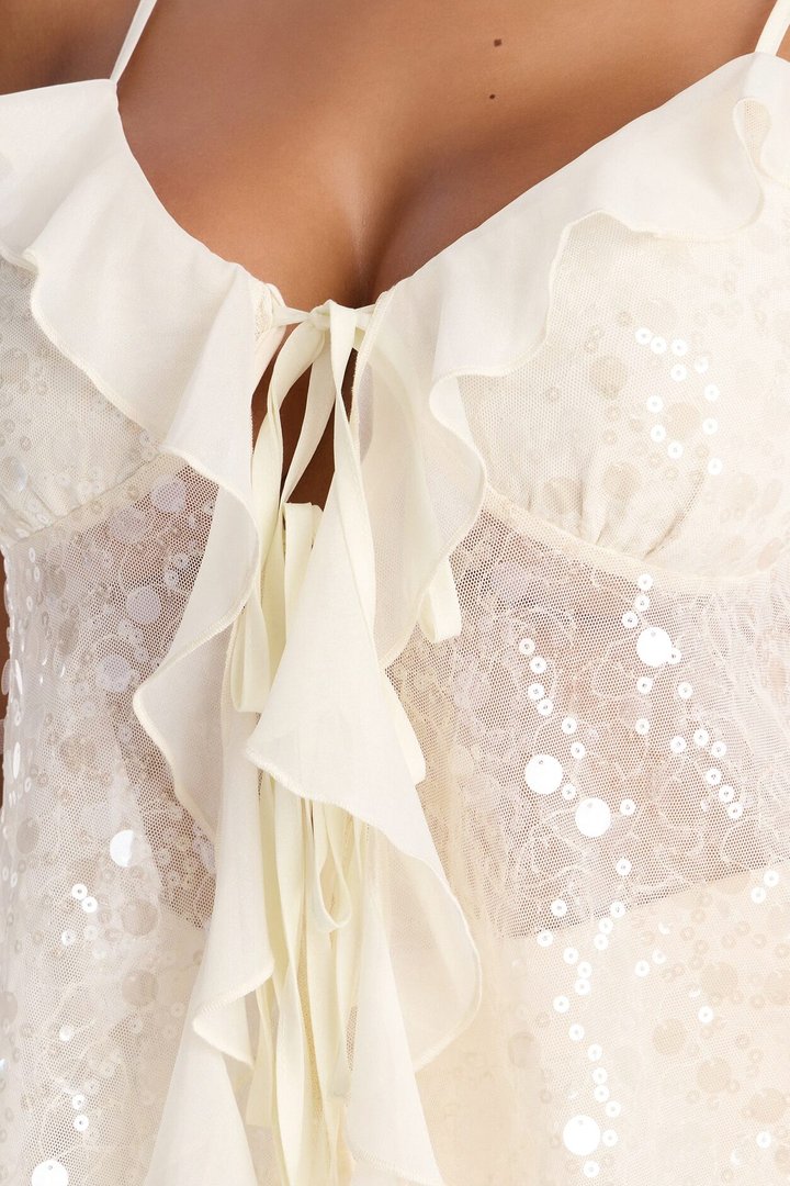 Sparkle Now Sleep Later Ruffle Sequin Flyaway Top - Cream