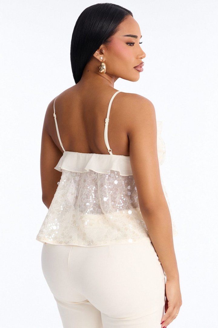 Sparkle Now Sleep Later Ruffle Sequin Flyaway Top - Cream