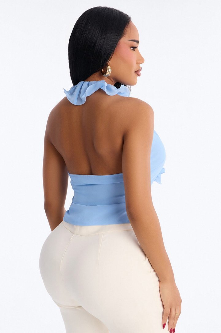 Kissed By Paris Light Ruffle Chiffon Halter Top - Periwinkle