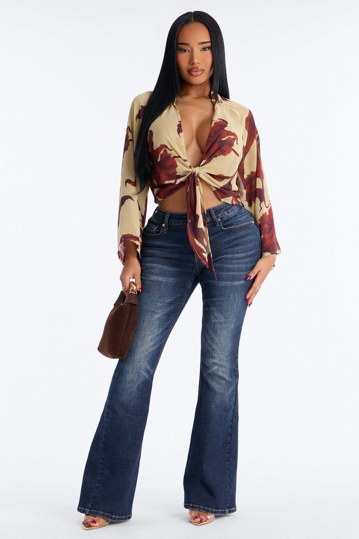 Vacay Cutie Tie Front Chiffon Top - Cream/combo