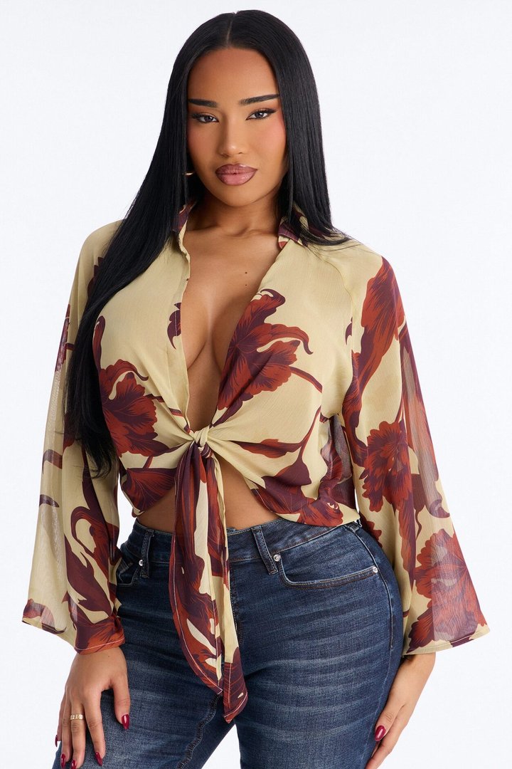 Vacay Cutie Tie Front Chiffon Top - Cream/combo