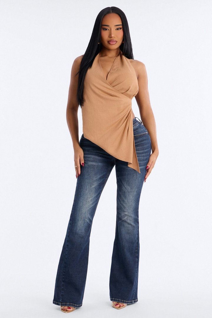 On My Third Drink Backless Linen Halter Top - Taupe