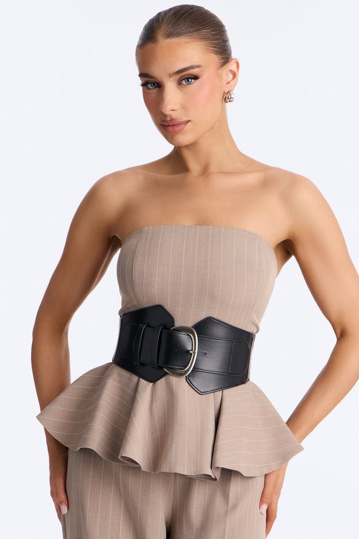 Jessa Pinstripe Belted Wide Leg - Taupe
