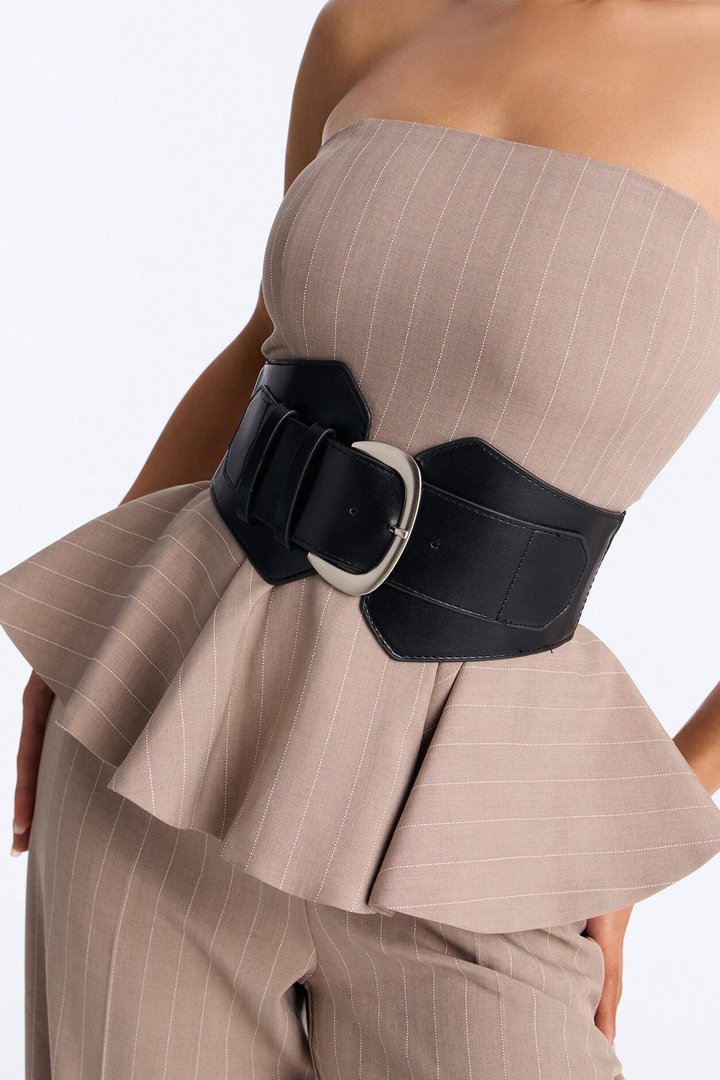 Jessa Pinstripe Belted Wide Leg - Taupe