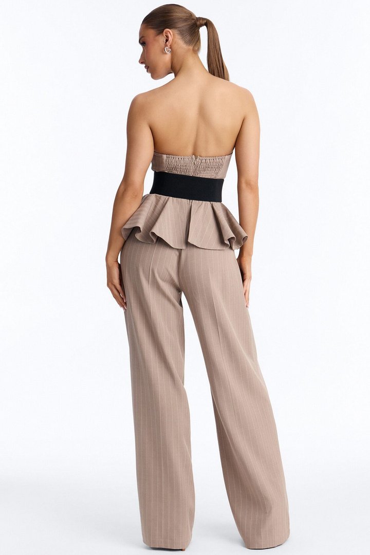 Jessa Pinstripe Belted Wide Leg - Taupe