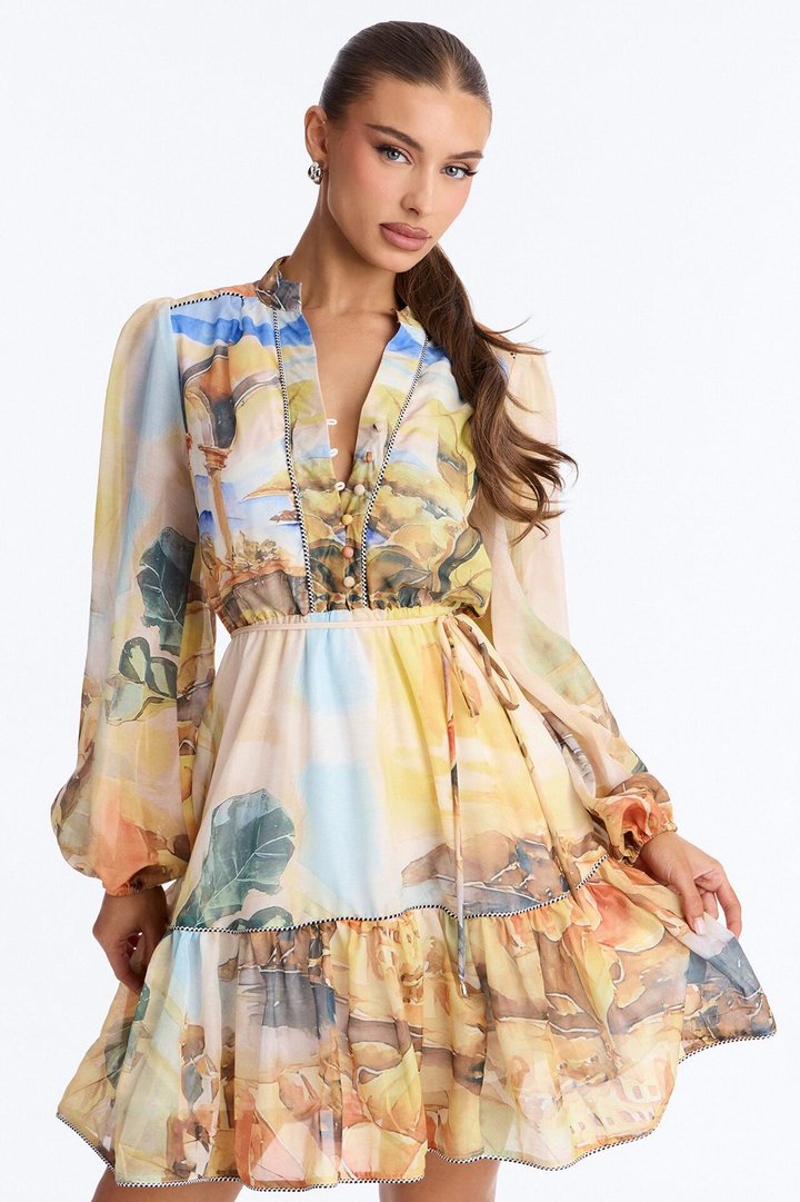 Walks Through Rome Chiffon Mini Dress - Yellow/combo