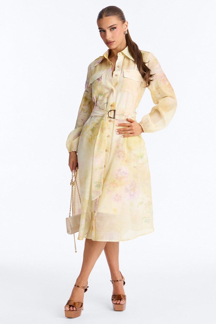 Ilaria Belted Floral Midi Dress - Yellow/combo
