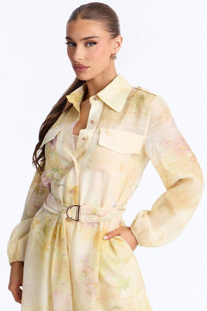 Ilaria Belted Floral Midi Dress - Yellow/combo