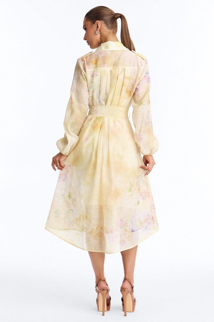 Ilaria Belted Floral Midi Dress - Yellow/combo