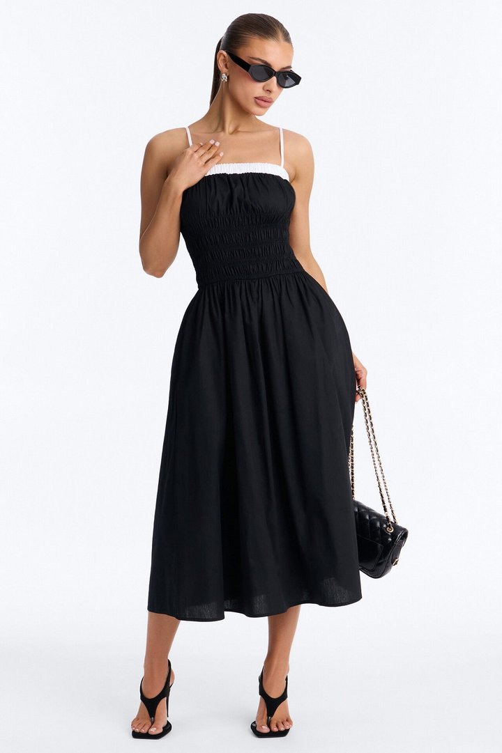 Sabrina Ruched Poplin Midi Dress - Black/White