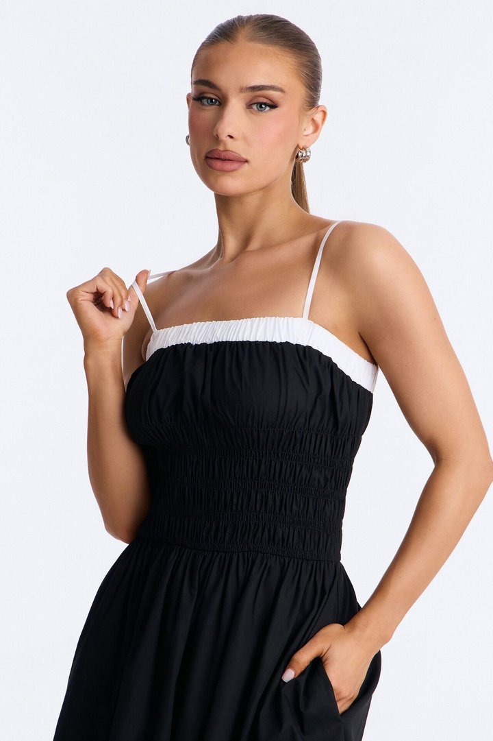 Sabrina Ruched Poplin Midi Dress - Black/White