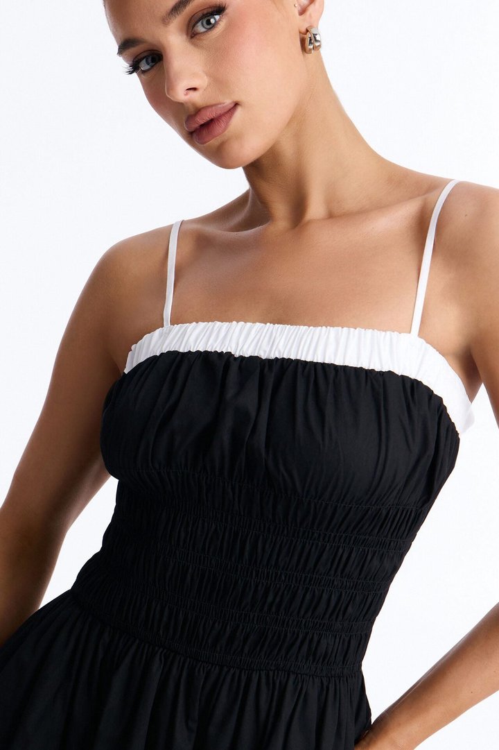 Sabrina Ruched Poplin Midi Dress - Black/White