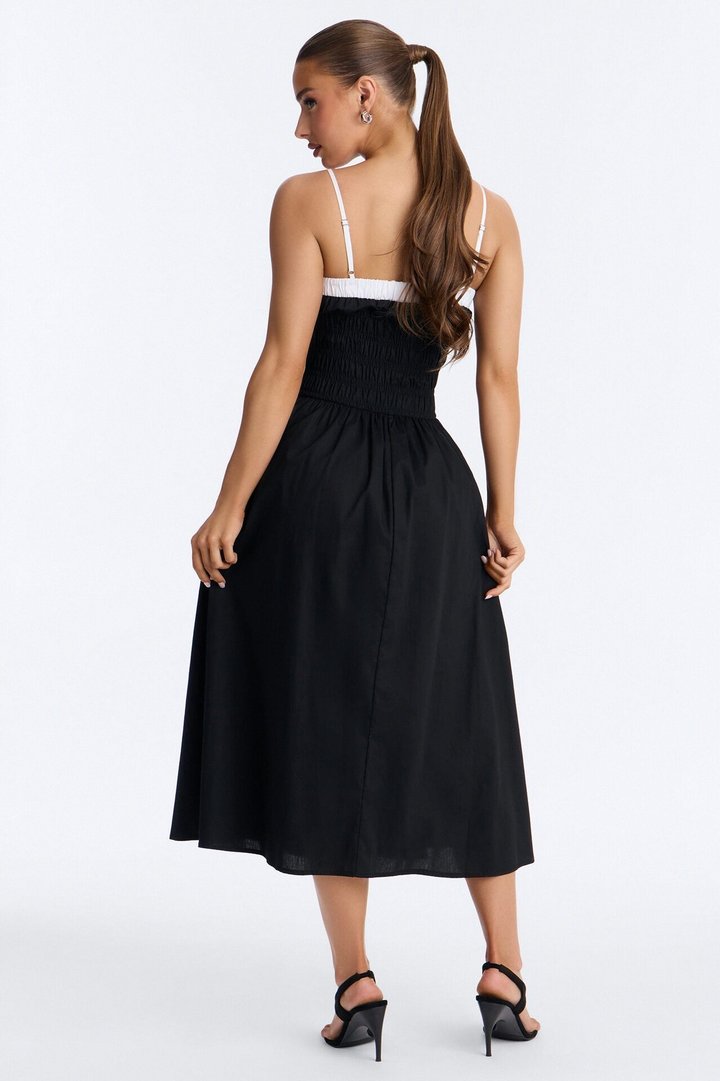 Sabrina Ruched Poplin Midi Dress - Black/White