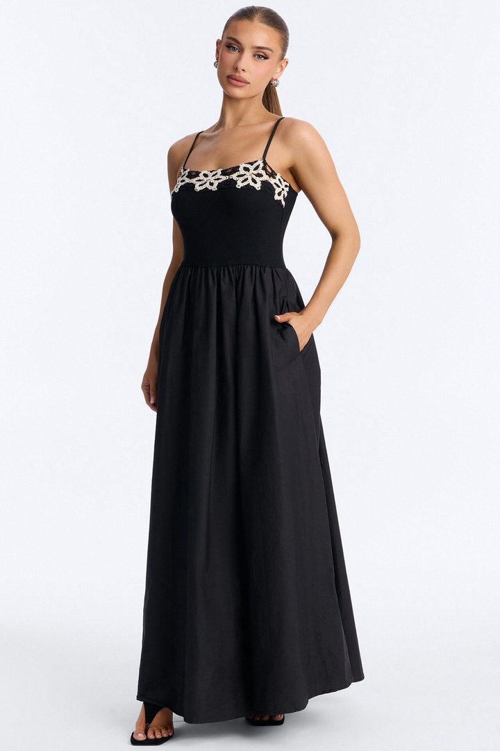 Amelia Crochet Maxi Dress - Black/White