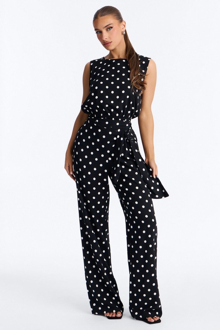 Gemma Polka Dot Wide Leg Pant Set - Black/White