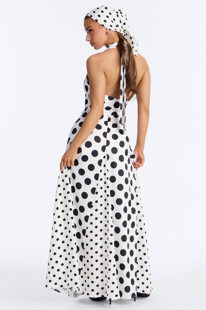 Ivy Polka Dot Halter 3 Piece Scarf Skirt Set - White/Black