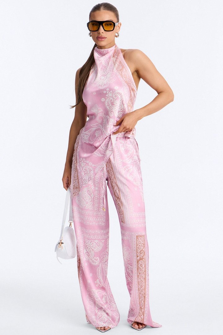 So Classy Hi Neck Paisley Satin Pant Set - Pink
