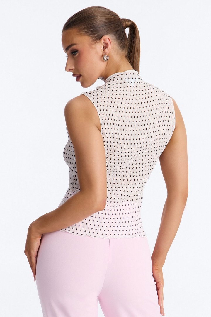 Into Paradise Mock Neck Polka Dot Plisse Top - White/combo