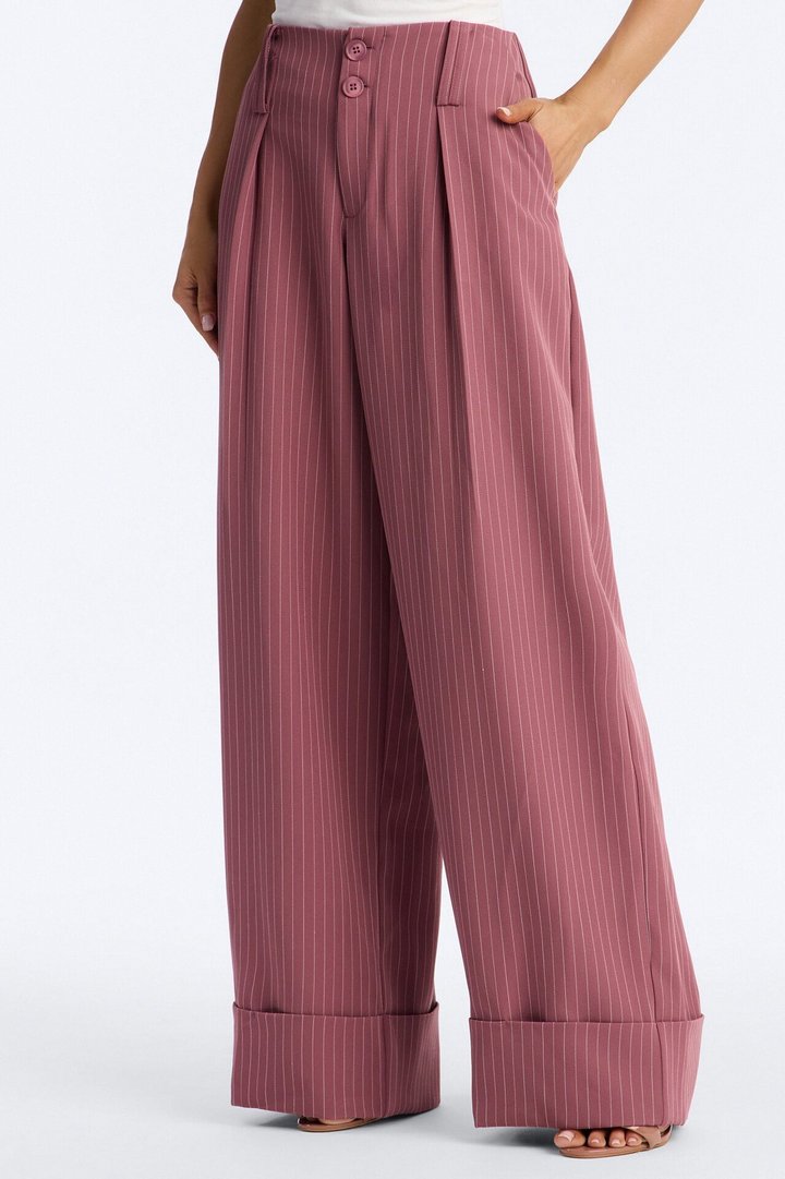 Adalyn Mid Rise Pinstripe Wide Leg Trouser Pant 33″ - Mauve