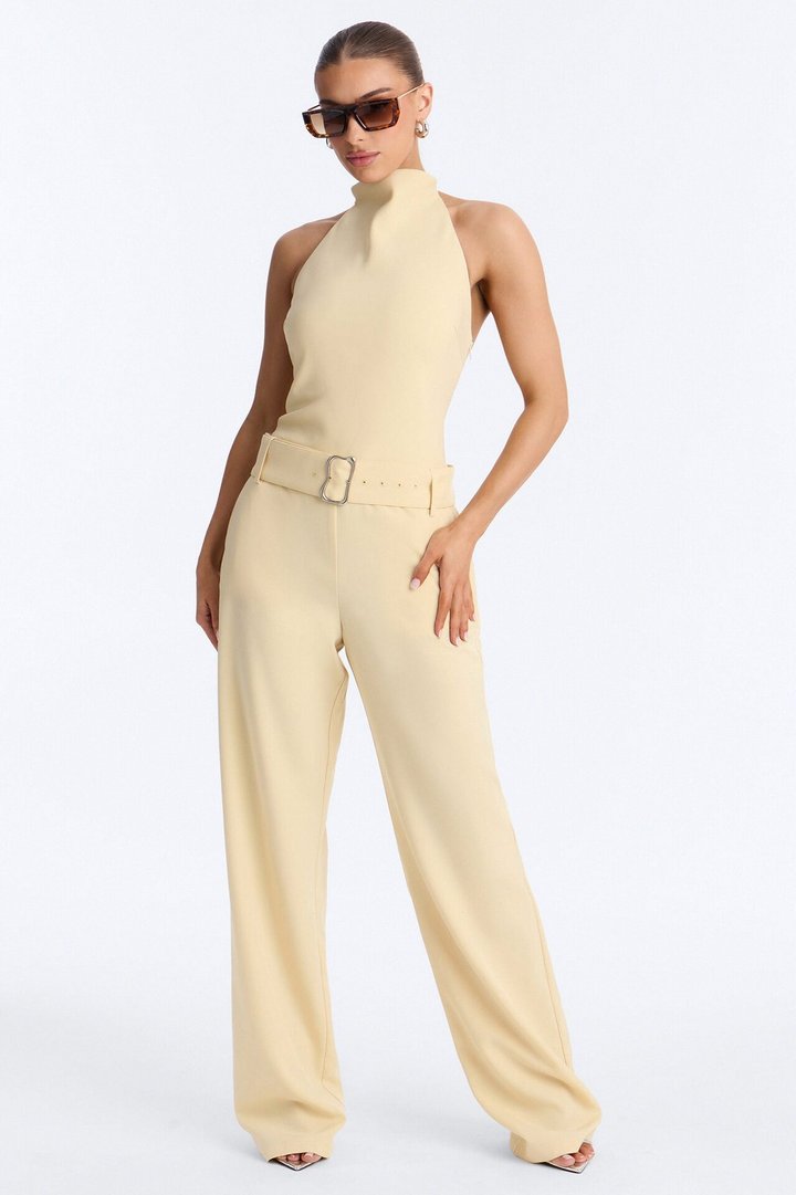 Rhode High Neck Belted Backless Jumpsuit - Yellow