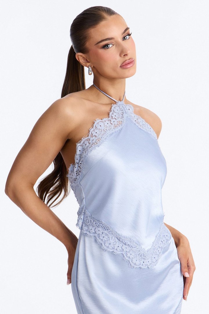 Karina Lace Trim Satin Gown - Blue