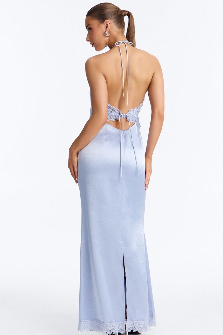 Karina Lace Trim Satin Gown - Blue