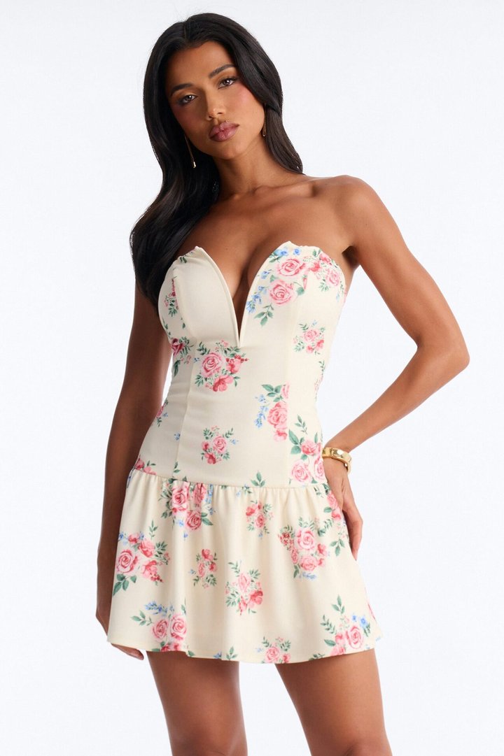Kaylani Strapless Floral Mini Dress - Ivory