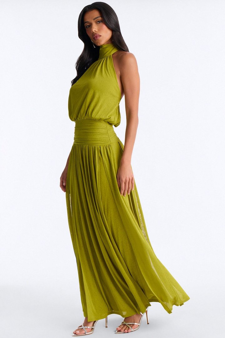 Bianca Halter Mock Neck Maxi Dress - Chartreuse