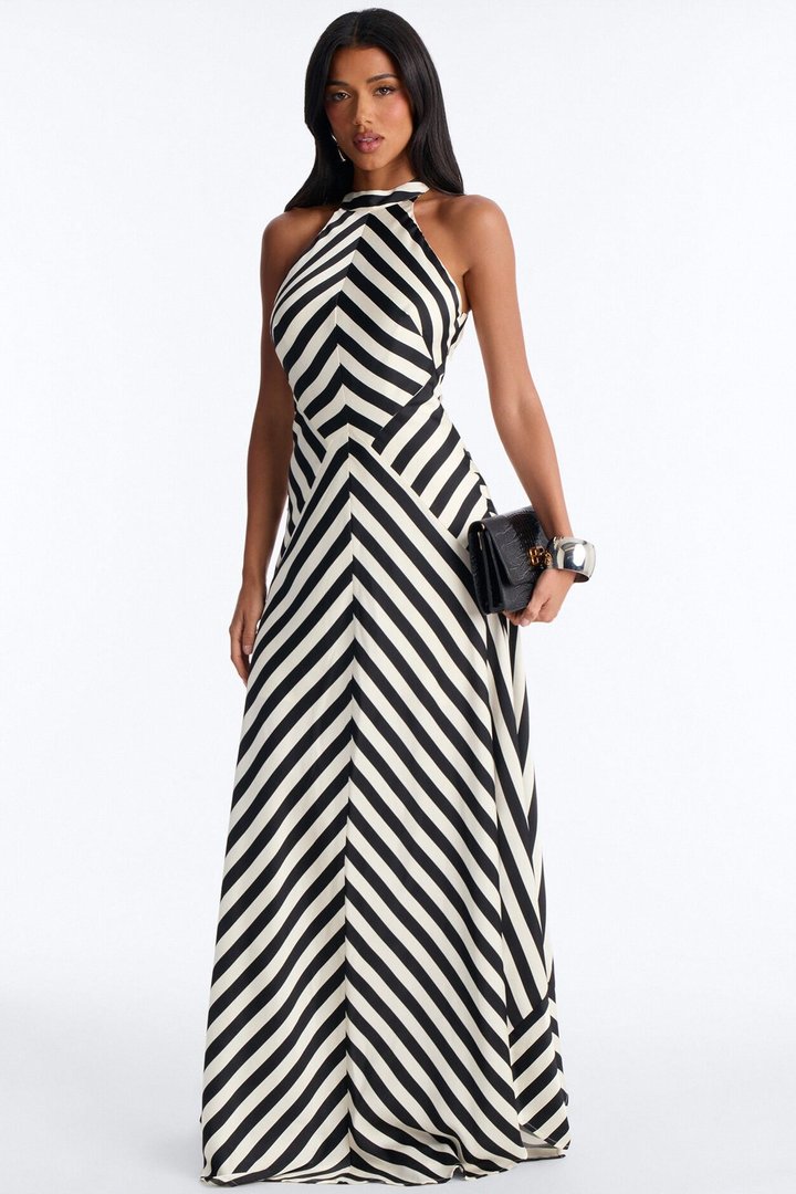 Delilah Striped Satin Maxi Dress - White/Black