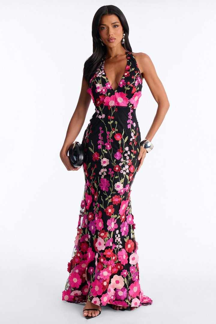 Cherise Floral Embroidered Gown - Black/combo