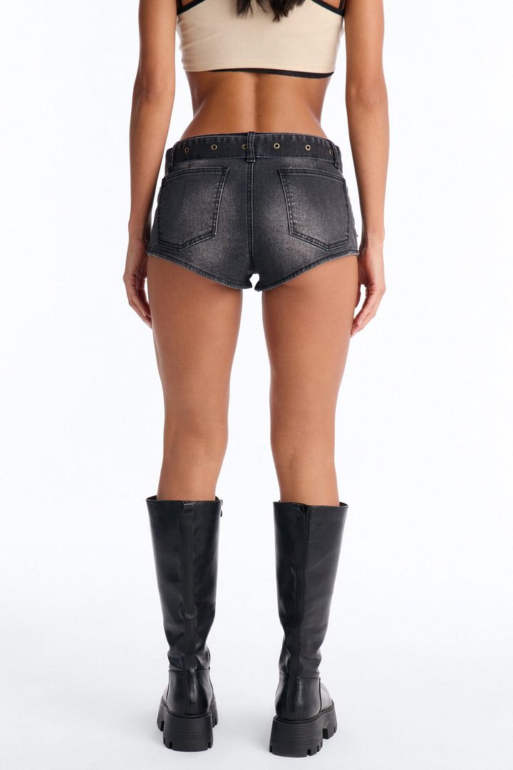 With The Crew Belted Low Rise Denim Shorts - Black Wash