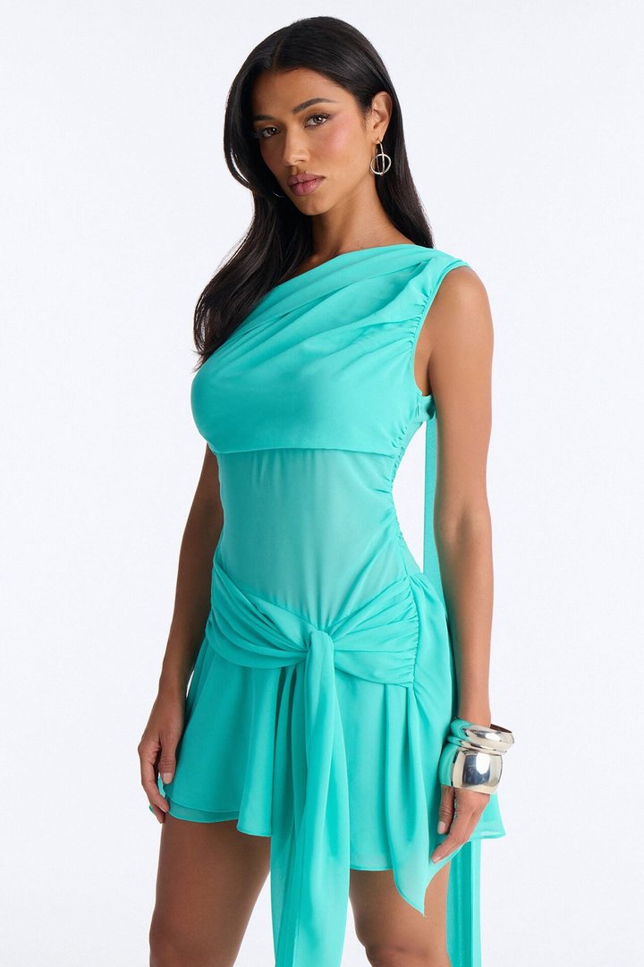 Alessia Draped Chiffon Mini Dress - Aqua