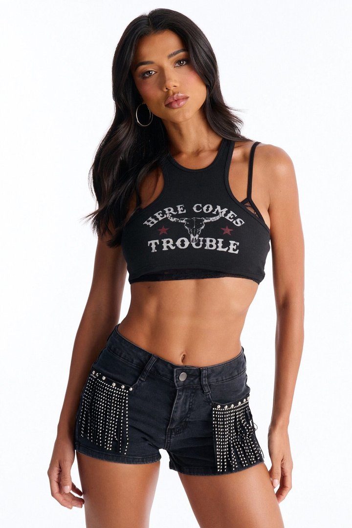Here Comes Trouble 2Fer Cropped Tank - Black