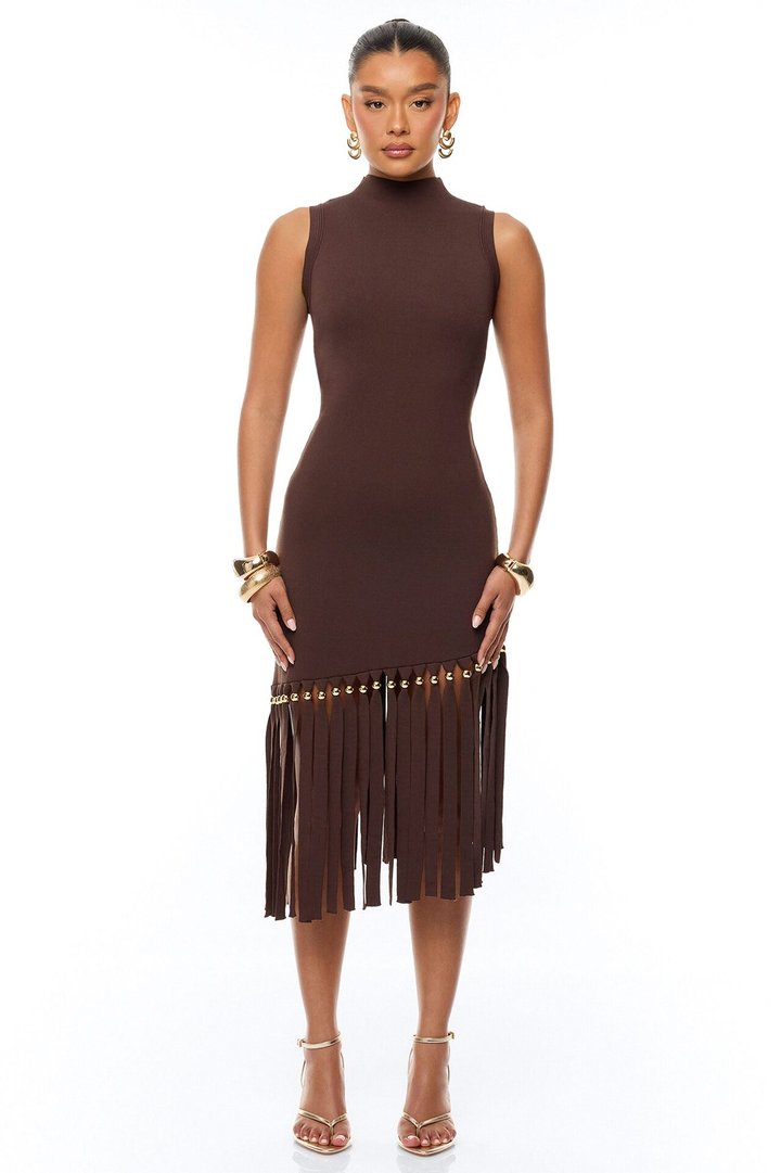 Jordyn Fringe Trim Midi Dress - Chocolate