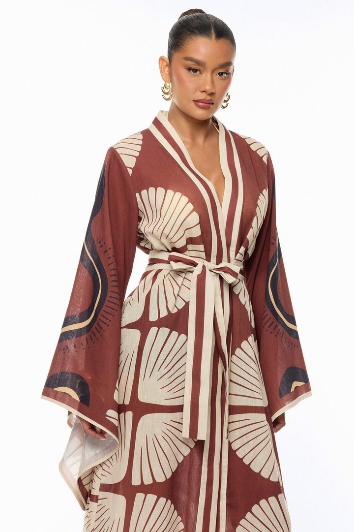 Sara Bell Sleeve Linen Kimono - Brown/combo