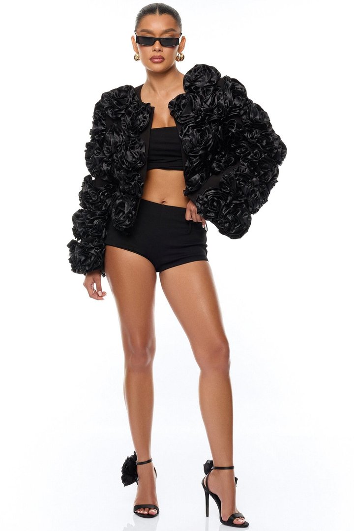Petal Poise Floral Applique Jacket - Black