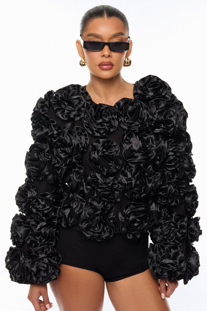 Petal Poise Floral Applique Jacket - Black
