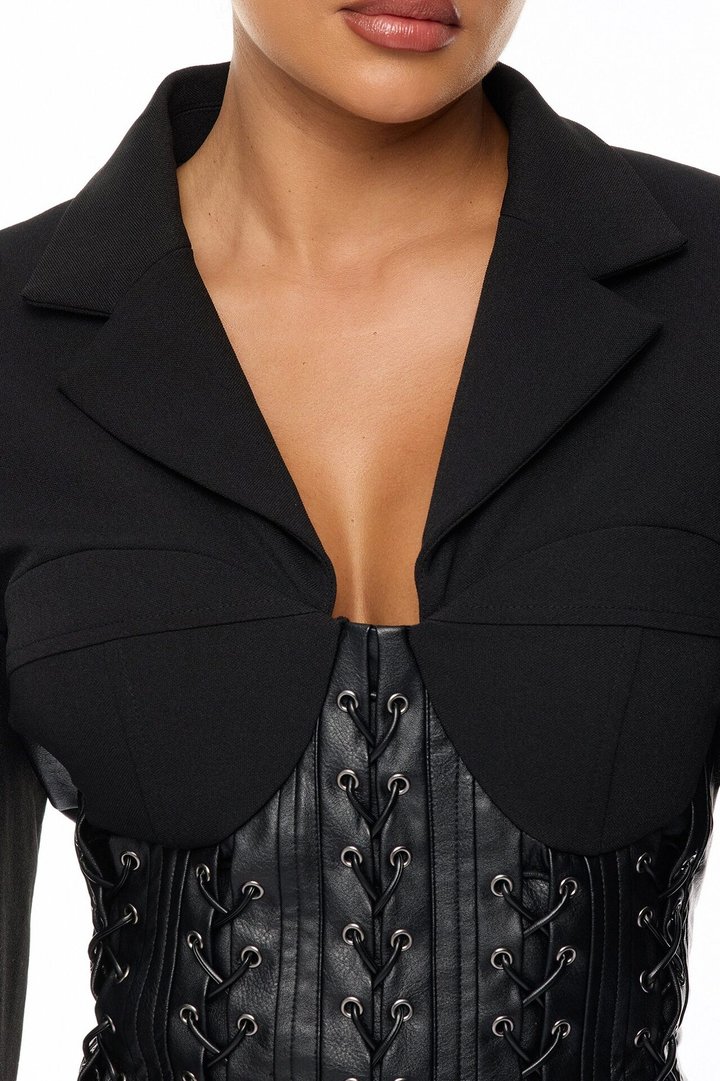 All Business Lace Up Blazer Mini Dress - Black